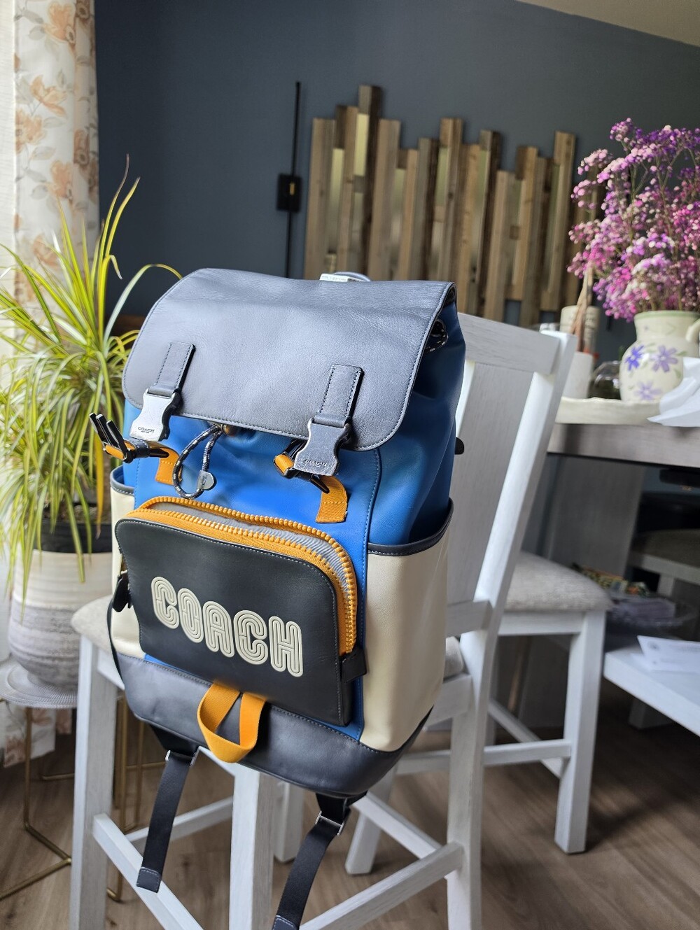 Coach Men's Blue, Black, Cream & Orange Leather-Trim Backpack